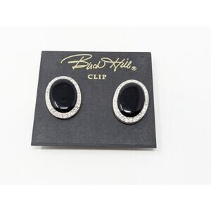 Birch Hill Earrings Black Oval Silver Tone Rhinestone Trim Clip On New
